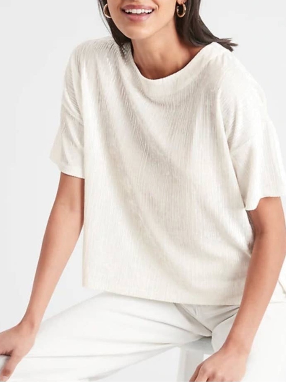 Banana Republic Cream Ribbed Short-Sleeve Crewneck Sweater